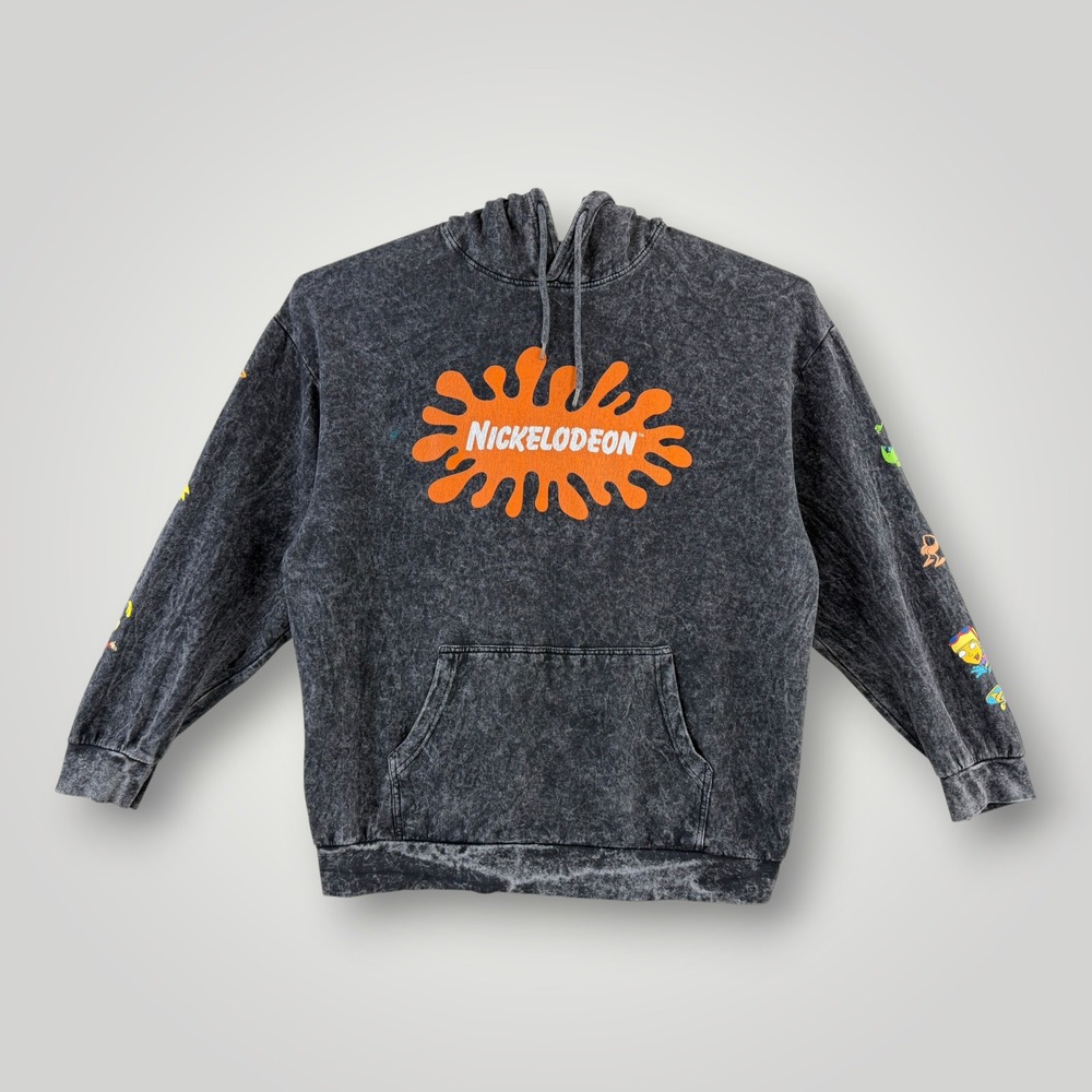 Nickelodeon Mens Acid Wash Hoodie XL 90s Characters Splat Logo Charcoal Gray